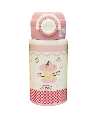 JOLLYORA Kids Stainless Steel Insulated Water Bottle with Double Lid & Dual Straw – 500ml Vacuum Flask, Portable Leak Resistant School Travel Drink Bottle for Children Pink