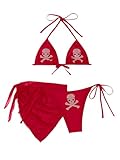 WDIRARA Women's Skull Rhinestone Triangle Halter Tie 3 Piece Metallic Swimsuit and Wrap Skirt Red Solid Medium