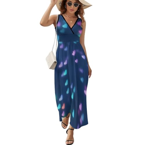 Robe longue d'été col V imprimé coeurs roses bleus sans manches décontracté