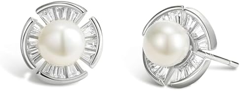 NORBU S925, Button Freshwater Pearl Earrings for Women, Pearl Studs with Cubic Z