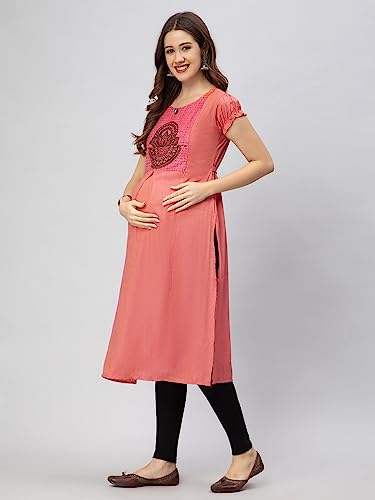 Image of CEE 18 Women's Cotton Rayon Straight Maternity Feeding Kurti for Feeding with Zippers(9653 46,Peppy Pink,3XL)