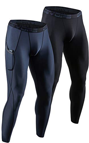 DEVOPS 2 Pack Men's Compression Pants Athletic Leggings with Pocket (Large, Black/Charcoal)