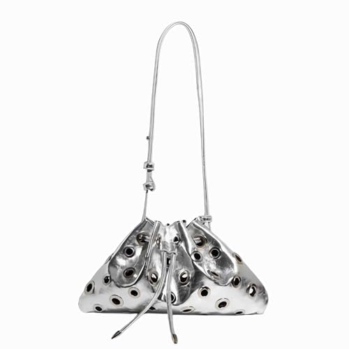 silver y2k purse for women, cool sparkly bucket purse, cute aesthetic fashion bag, small silver clutch bag