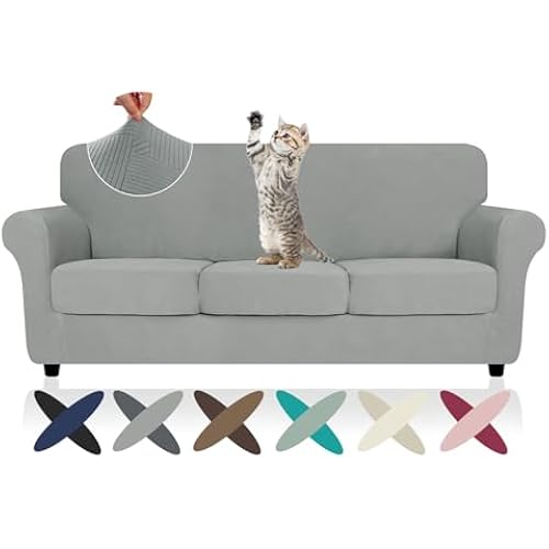 ZNSAYOTX 4 Piece Stretch Sofa Covers (71"-91"), Thick Striped Couch Covers for 3 Cushion Sofa with Elastic Band Bottom Ties Non-Slip Stay in Place, Soft Durable Washable Couch Slipcovers, Light Grey