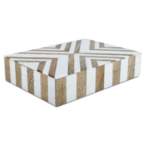 Handicrafts Home White Decorative Storage Box with Lid Wooden Desk Organizer Box Office Storage Box for Workspace Desk Decor Organizer – Resin Inlay Marquet Chevron Collection - 5x7x1.5