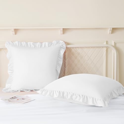 KKJIAF Ruffle Pillow Cases 26x26 Inches, White Square Ruffled Pillow Covers Set of 2, Microfiber Wrinkle Resistant Pillow Shams with Envelope Closure for Sofa Bed Living Room