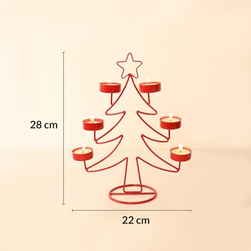 Image of MARKET 99 X-Mas T-Lite Holder with 6 Wax T-Lites Included Red Metal Xmas & Christmas Tree Design Glossy Candle Holder for Home, Living Room, Bedroom, Tabletop & Festival Decor