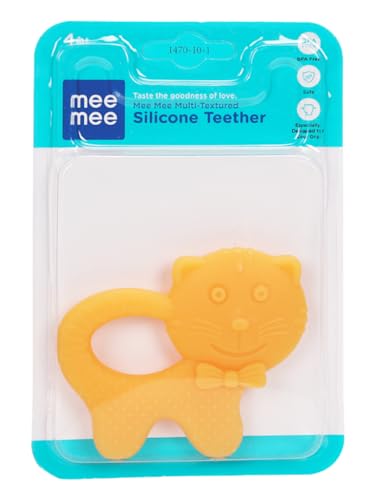 Image of Mee Mee Silicon Baby Teether for Teething Gums, Teething Toy with Muti-Textured for Infants and Babies, Cat Design (Single Pack, Orange)