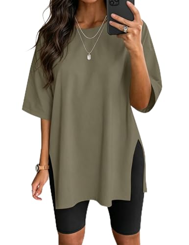 VNIRA Oversized T Shirt for Women Losse Fit Cotton Short Sleeve Workout Top Summer Casual Blouse Basic Split Hem Tee Tops Army Green