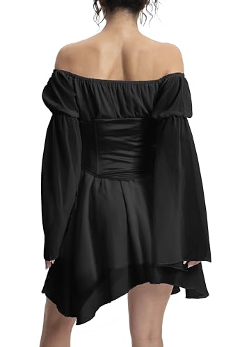 Image of Womens Corset Dresses Off Shoulder Bell Sleeve Casual Party Fairy Two Piece Outfits Bustier Dress