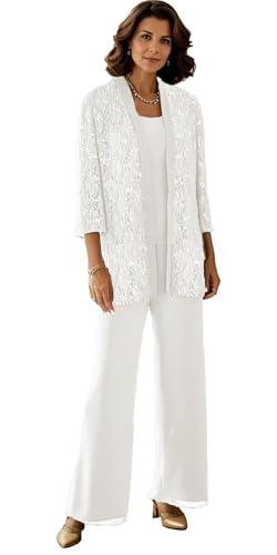 JAEDEN Damen Hosenanzug 3 Teilig Brautmutter Hosenanzüge Spitze Hosen Set Outfit Abendanzug Elfenbein 46