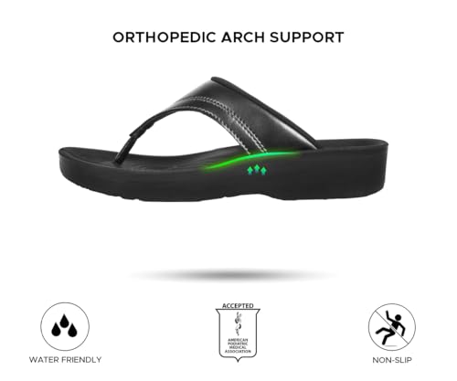 Image of AEROTHOTIC Comfy Arch Support Flip Flops for Women Open Toe Stylish Faux Leather Cushioned Strap with Non-Slip Sole & Comfortable Footbed Indoor and Outdoor Sandals