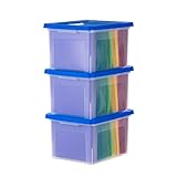 IRIS USA File Box, Plastic File Organizer Box With Lids, Letter/Legal File, Important Document Box, Portable Storage Filing Bin, Stackable Nestable, Clear/Blue 35 Qt. 3 Pack