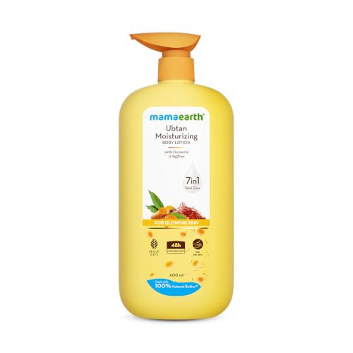 Image of Mamaearth Ubtan Moisturizing Body Lotion with Turmeric & Saffron for Glowing Skin 600 ml | 48H Moisturization | Nourishes Dry Skin | 7in1 Total Care | 100% Natural Butter | Non-Greasy Smooth