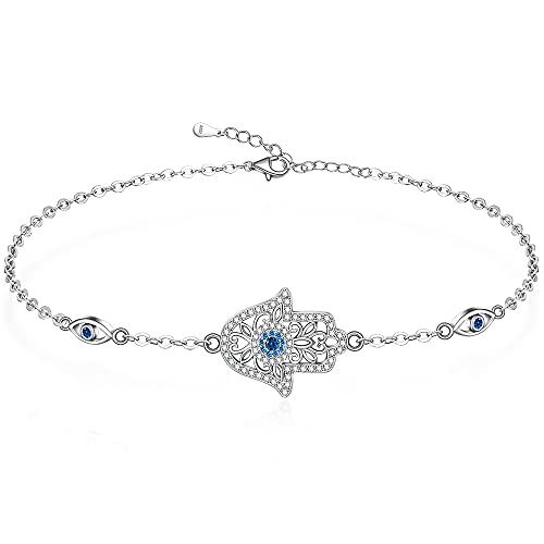 Hamsa Hand Evil Eye Bracelet for Women Sterling Silver Dainty Cute Crystal Round Blue Evil Eye Fatima Bracelets