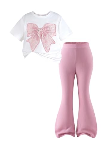 SOLY HUX Toddler Girl's Clothes Cute Short Sleeve Bow T Shirt and Flared Pants Summer 2 Piece Outfits