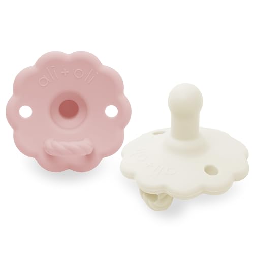 Image of Ali+Oli Pacifier for Baby (2-pk) Set Daisy Flower Scallop (Pink-White) Concaved Shield Newborn Pacifiers, BPA-Free Silicone Baby Pacifier Set, Baby Binkies, Chupones para Bebes