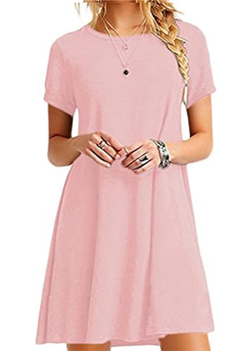 YMING Mujeres Manga Corta Cuello Redondo Camiseta Mini Vestido Casual Túnica Tops Suelto Ajuste Swing Vestido Rosa S