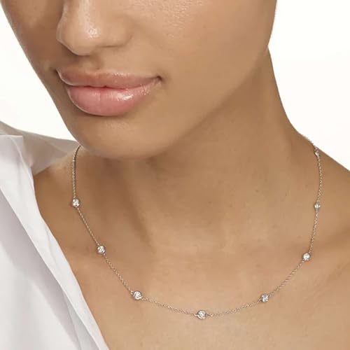 14k Gold/Silver/Rose Plated Pearl Necklaces for Women | Simulated Diamond By The Yard Station Necklace | Dainty Solitaire Pendant Necklace with station Cubic Zirconia - Womens CZ Chain Necklace4