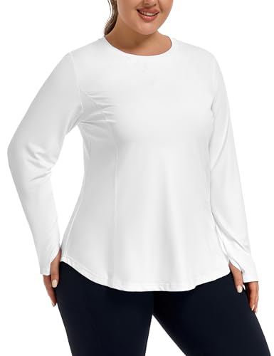FOREYOND Women’s Plus Size UPF 50+ Long Sleeve Sun Shirt with Thumb Holes Quick Dry Athletic Hiking Running Workout Tops White 3XL