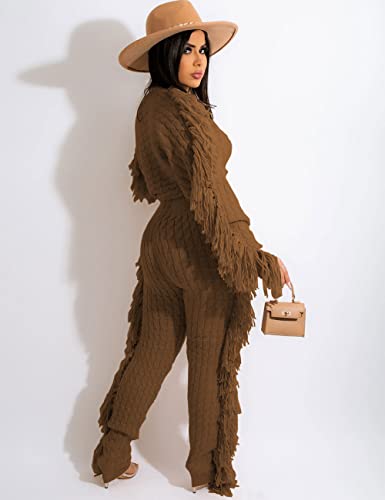 Image of KANSOON 2 Piece Sweater Set for Women Cable Knit Fringe Crop Top and Pants | Cozy feel, ribbed high waist, comfortable stretch fit for birthday and chilly going-out outfits