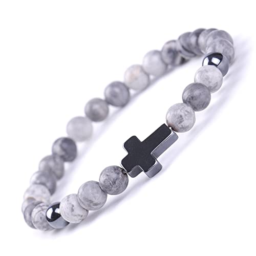Softones 6Mm Cross Beaded Bracelet For Girls Women Natural Stone Stretch Link Prayer Bracelet For Boy Girls,7.1" #TOP5