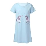 FEESHOW Kinder Mädchen Nachthemd Lange Ärmel/Flattern Ärmel Regenbogen Rüschen Pferdedruck Pyjamas Schlafanzug Spitze Nachtwäsche Kleid Hellblau_E 128-140