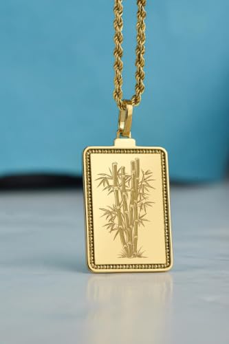 Collier pendentif rectangulaire argent 925 plaqué or gravure bambou 45.7cm - 2