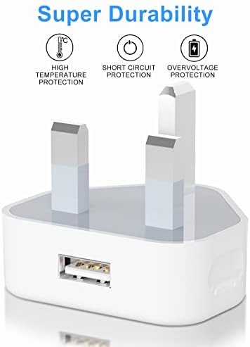 USB Wall 3 Pin Power UK Mains Plug Charger Adapter Compatible with Mobile Phones iPhone 4 4s 5 5s 6s 7 8 XS 11 Pro 12 Pro 13 Pro 14 Pro Max iPod Samsung Galaxy