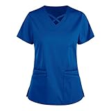 WENZHOU Plus Size Working Einfarbige Taschenbluse Kasack Damen Pflege Arbeitsuniform Arbeitskleidung Krankenhaus Schlupfhemd Pfleger T-Shirt Komfortabel Pflege Kittel Damenkasack, Z#11 Blau, S