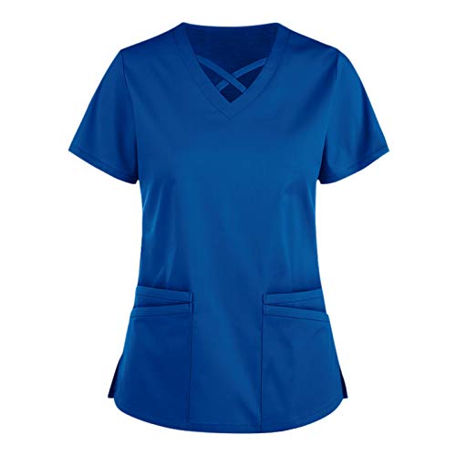 UNHU Damen Pflegebekleidung Einfarbig T-Shirt Schlupfkasack Kurzarm V-Ausschnitt Schlupfhemd Berufskleidung Kasack Krankenpfleger Uniformen mit Taschen Cover