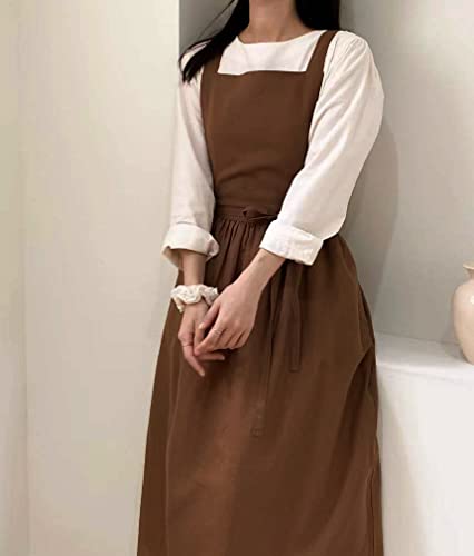 Cute Retro Cotton Linen X-Back Aprons Home Kitchen Garden Art Painting Pinafore Florist Shop Overalls (Dark Brown, 42"L) #TOP2