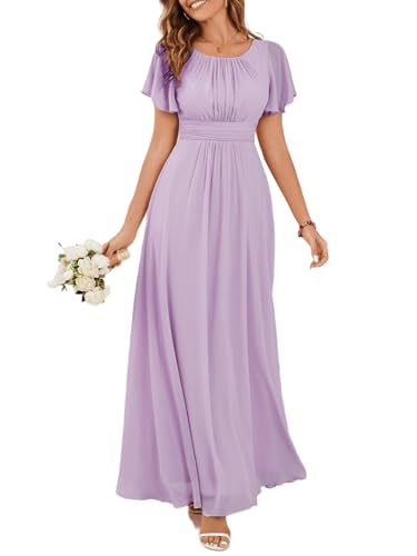 Ever-Pretty Women's Spring Elegant Round Neck Short Sleeve Chiffon Empire Waist Floor Length Formal Dresses Bridesmaid Dress Frosted Lilac US20