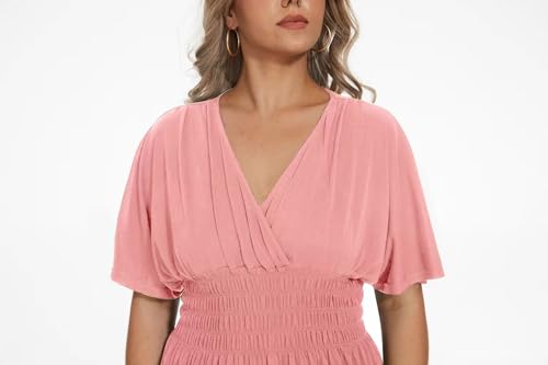 Image of OSTOO Women's Plus Size Hawaii Empire Waist Bat Short Sleeve Casual Floral Print Boho Maxi Dress(Pink,XL