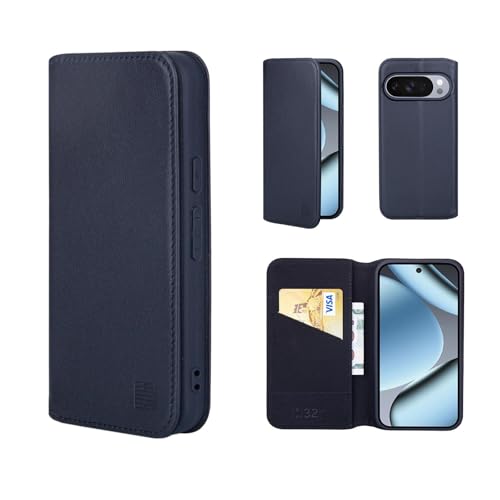 32nd Klassische Serie 2.0 - Lederhülle Hülle Cover für Google Pixel 10 / Pixel 10 Pro, Echtleder Hülle Mit RFID-Blockierung Kartensteckplatz, Magnetverschluss & Standfuß - Schwarz