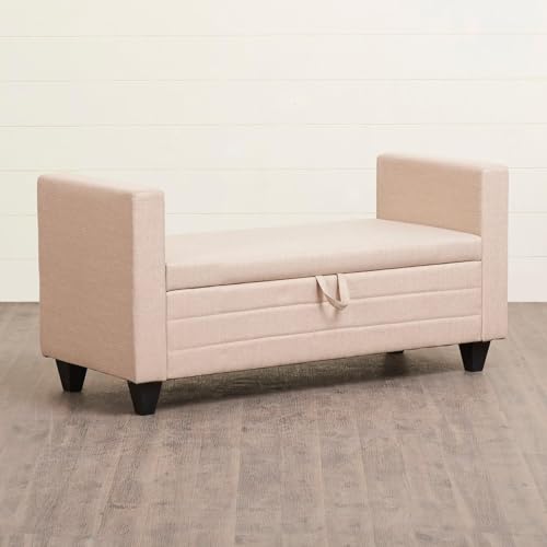 Image of 2 Seater Sofa Bench with Storage | Upholstered Fabric Ottoman Bench with Armrest | Hidden Storage Seating for Living Room Bedroom Entryway | Modern Lounge Bench Footrest Seat | Beige