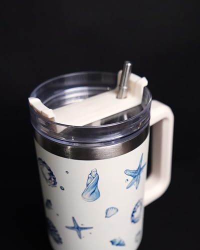 Image of 1200ML Stainless Steel Tumbler Hot and Cold with Handle and Lid and 2 Straws, Double Insulated Cup Leak Proof Mug Cupholder for Gym, Travelling (WhiteSeaShells)