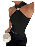 Milumia Women's Metal Halter Mock Neck Ruched Tank Top Sleeveless Slim Fit Going Out Tops Black Medium