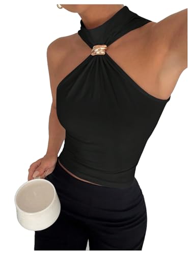 Milumia Women's Metal Halter Mock Neck Ruched Tank Top Sleeveless Slim Fit Going Out Tops Black Medium