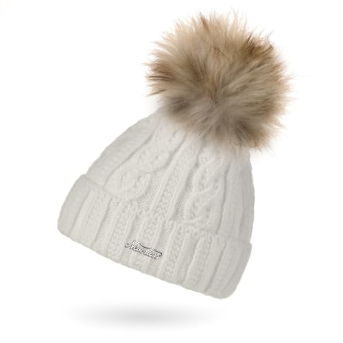 Neverless® Damen Strick-Mütze mit Innenfutter Fleece Fell-Bommel Kunstfell Bommelmütze Zopfstrickmuster Umschlag Weiss Unisize