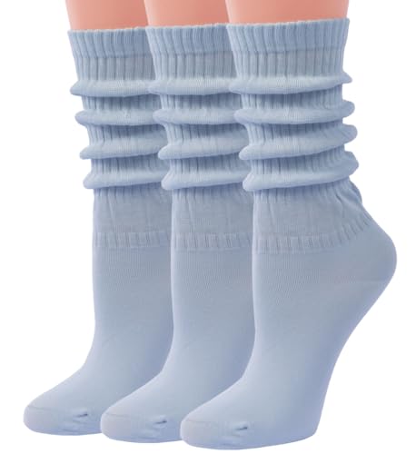 Image of Women's Ruffle Frilly Slouchy Socks, Soft Cotton Cute Solid Color Crew Socks Light Blue