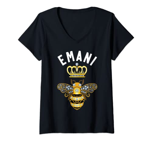 Mujer Emani Nombre Emani Regalos de Cumpleaños Reina Corona Abeja Emani Camiseta Cuello V