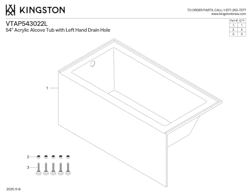 Kingston Brass Aqua Eden VTAP543022L 54-Inch Acrylic Alcove Tub with Left Hand Drain, White