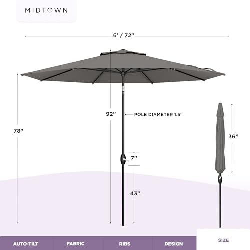 Image of Midtown Umbrellas - 10-Year-No-Fade 6 Ft Patio Umbrella with Terylast Fabric, Auto-Tilt Aluminum Frame and 8 Reinforced Ribs for Deck, Pool, Garden & Beach - Dark Grey Canopy, Black Pole