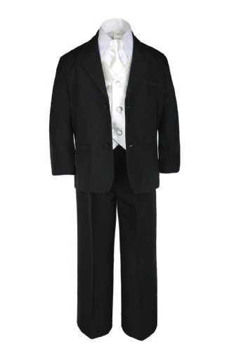 Unotux 7pc Boys Black Suit with Satin Ivory Vest Set from Baby to Teen (S:(0-6 months))