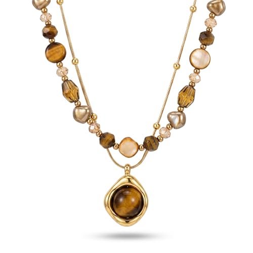 Zurlcdye Tiger Eye Layered Necklace for Women Brown Beaded Gold Pendant Boho Western Double Layer Necklace Chain Vintage Aesthetic Jewelry Gift