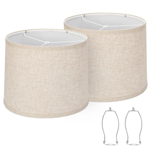 Lampshades Set of 2, Drum Lampshades 11.6' Top x 12.6' Bottom x 9.8' High, Seaside village Medium Lampshades (Spider Fitter), Beige Lampshades Natural Linen Hand Crafted, Easy Assembly Required