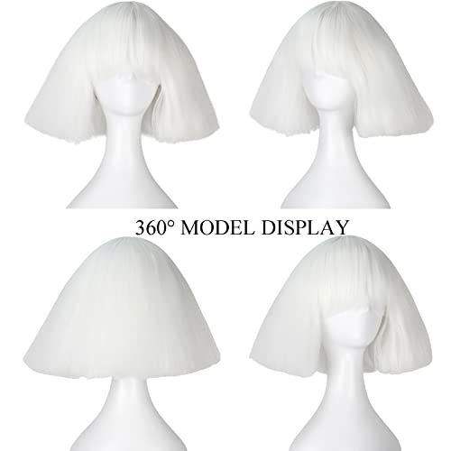 Icos Short Kinky Straight Hair Wig For Women White Fluffy Bob Wig With Bangs Punk Halloween Cosplay Costume Wig #TOP4