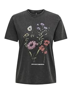 ONLY Damen Onllucy Reg S/S Top JRS Noos, Black/Print:flowerchild, M