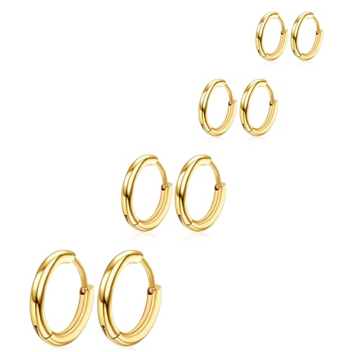 Stainless Steel Hoop Earrings Set, 4 Pairs Gold Hoop Earrings - Huggie for Women Men 6/8/10/12mm